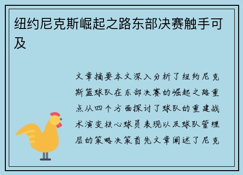 纽约尼克斯崛起之路东部决赛触手可及