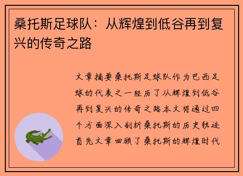 桑托斯足球队：从辉煌到低谷再到复兴的传奇之路